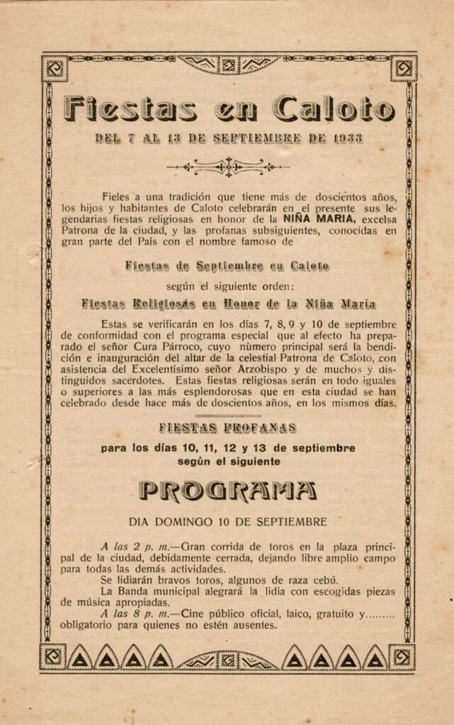 Fiestas profanas de 1933 Se ha dado fin a la fiesta religiosa, se abre el telón y durante cuatro días la plaza principal de la ciudad es la protagonista. Toros, ventas, juegos y naipes, músicos y pólvora por las calles, bailes y jolgorio en las casas, hasta cine público, la Junta de Festejos de 1933 cumplió.